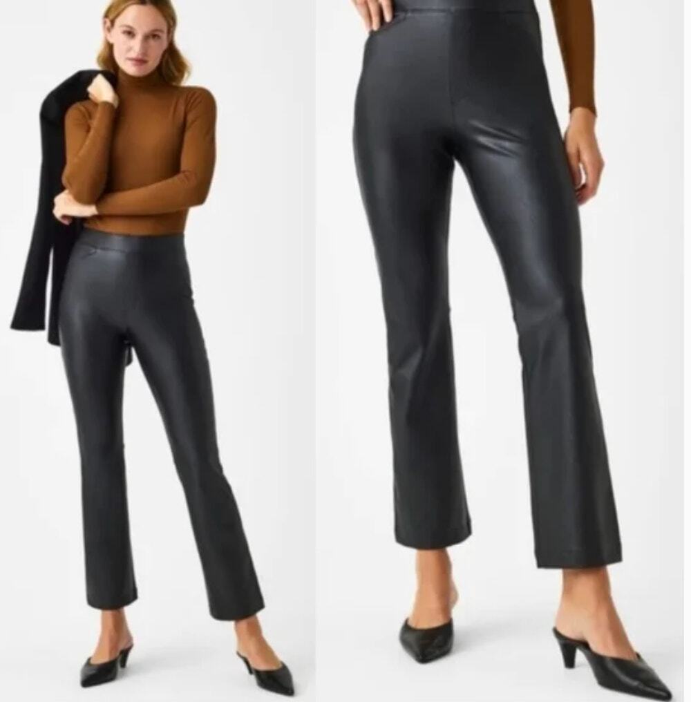 SPANX Black Faux Leather Kick Flare Ankle Crop Pants Size L